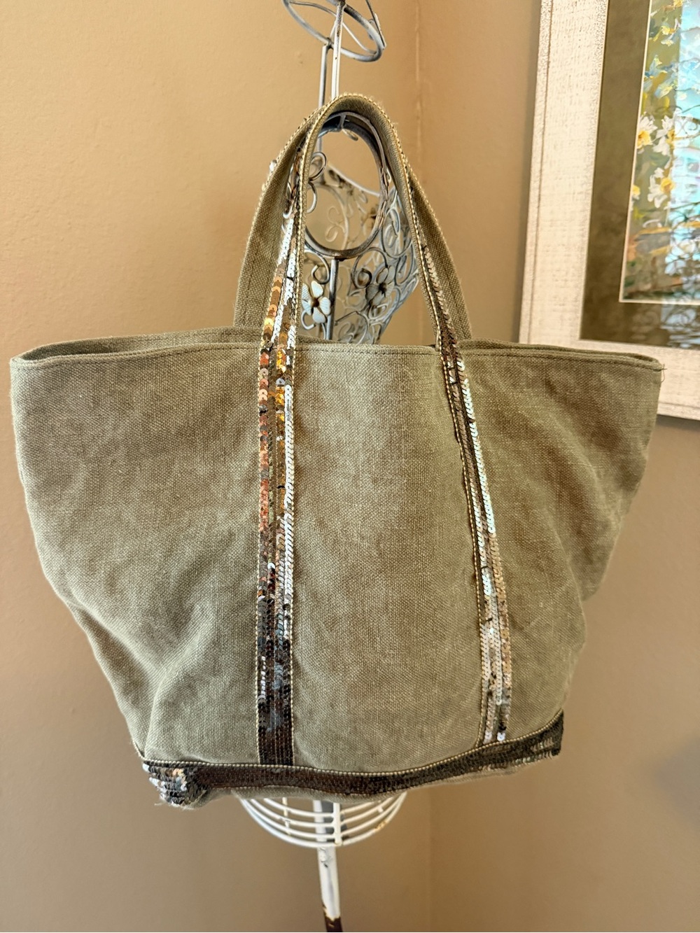 Vanessa Bruno Olive Green Linen Cabas Tote Bag with  Sequin Trim